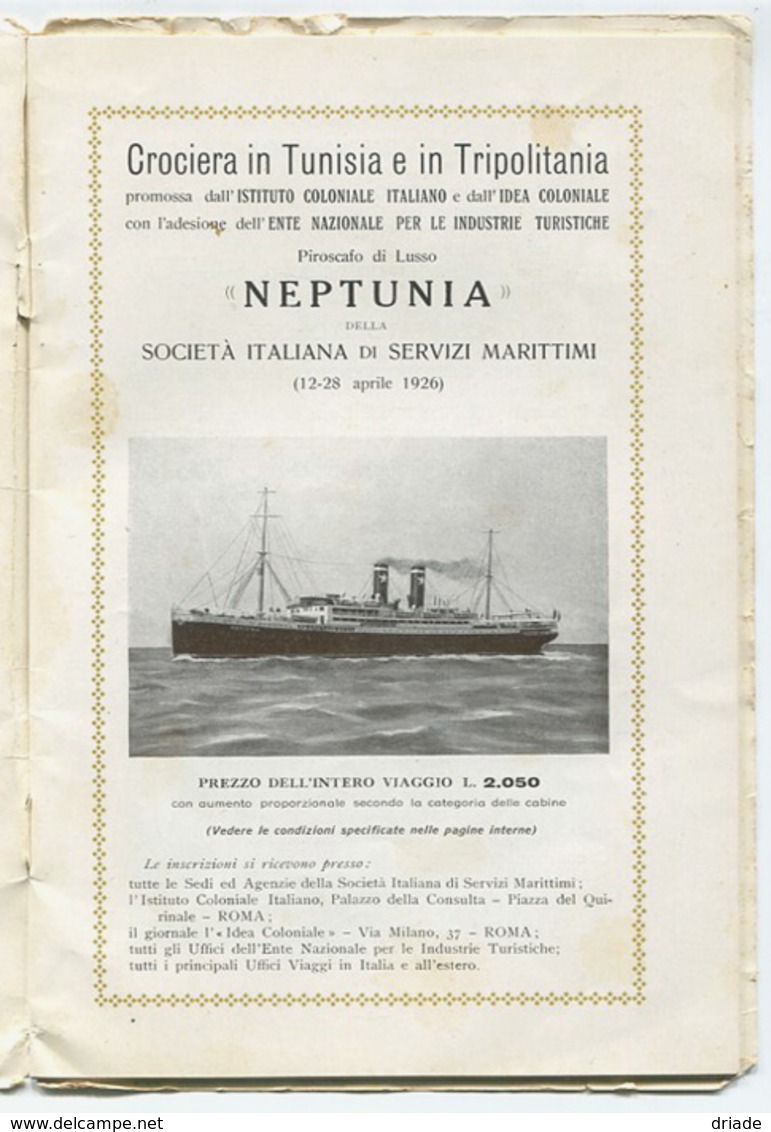 LIBRETTO CROCIERA TUNISIA E TRIPOLITANIA PIROSCAFO NEPTUNIA SITMAR SOCIETà ITALIANA SERVIZI MARITTIMI COLONIE ANNO 1926 - Other & Unclassified