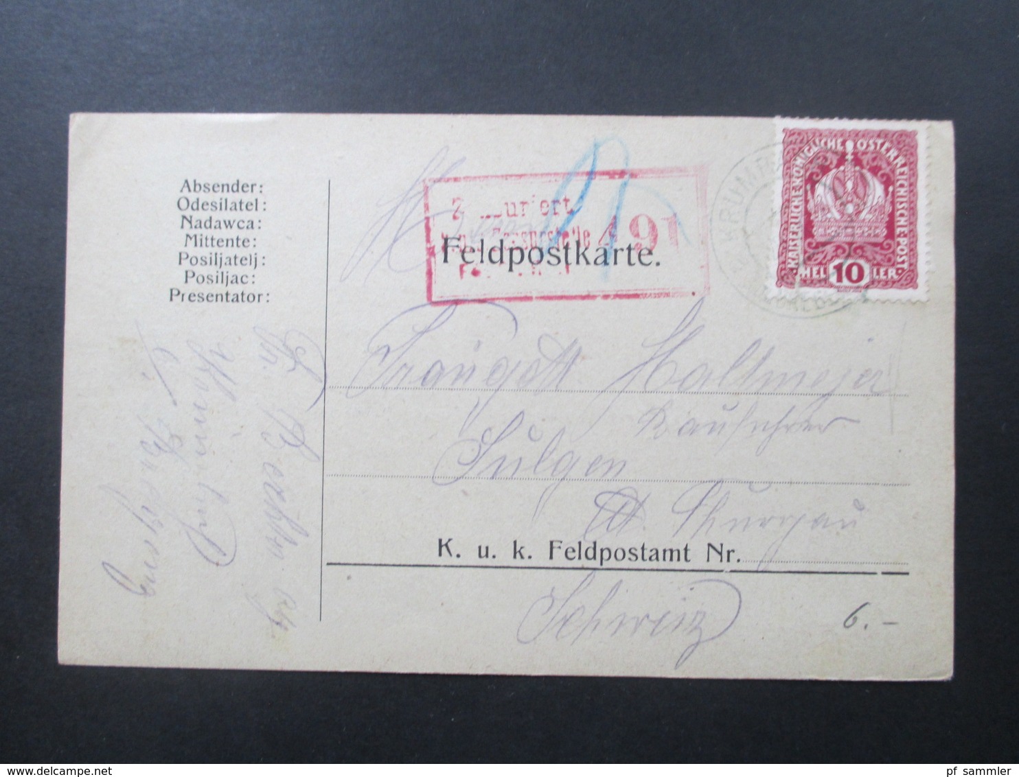 Österreich 1918 Feldpostkarte Zensurstempel Zensuriert KuK Zensurstelle 491. Krumbach. In Die Schweiz!! - Brieven En Documenten