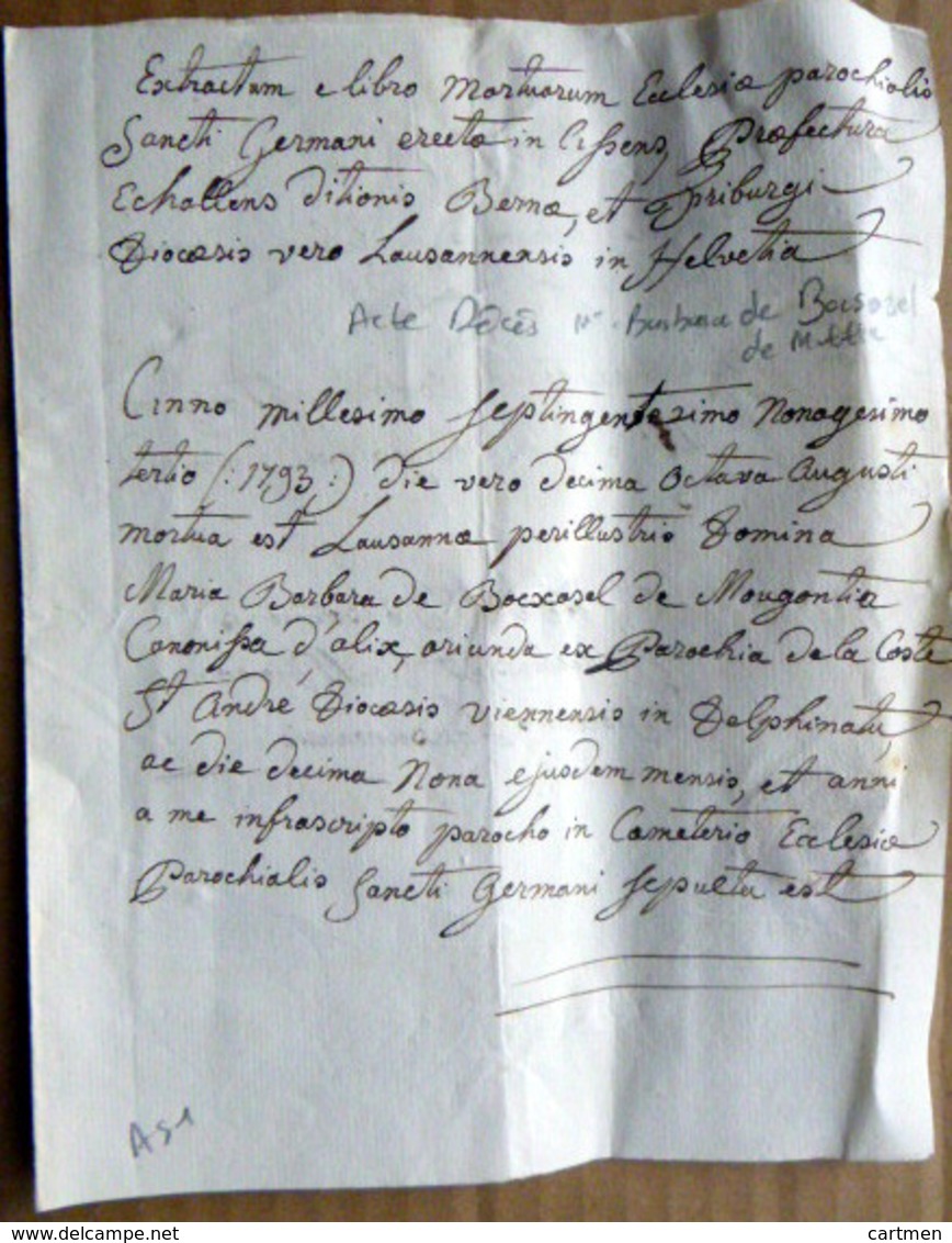 73 SAVOIE CHAMBERY DAUPHINE ACTE DE DECES MANUSCRIT  DE BARBARA DE BOCZOSEL A LAUSANNE EN 1793 - Manuscripts