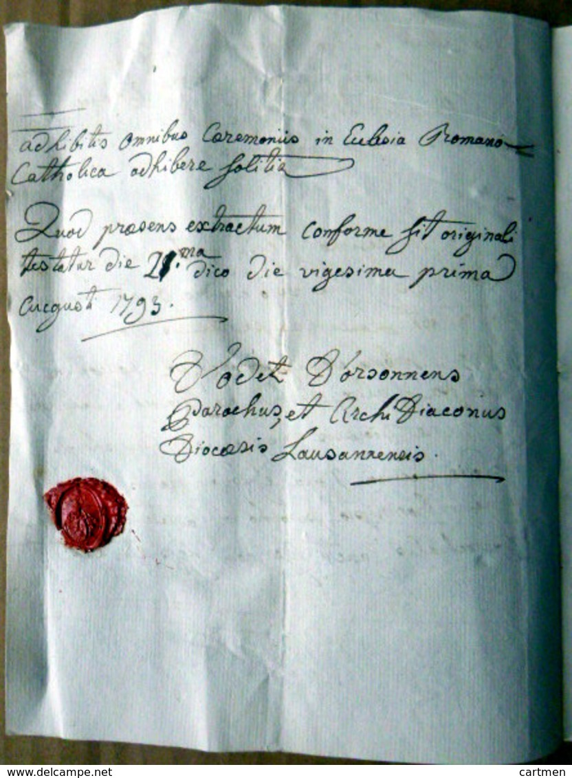 73 SAVOIE CHAMBERY DAUPHINE ACTE DE DECES MANUSCRIT  DE BARBARA DE BOCZOSEL A LAUSANNE EN 1793 - Manuscripts