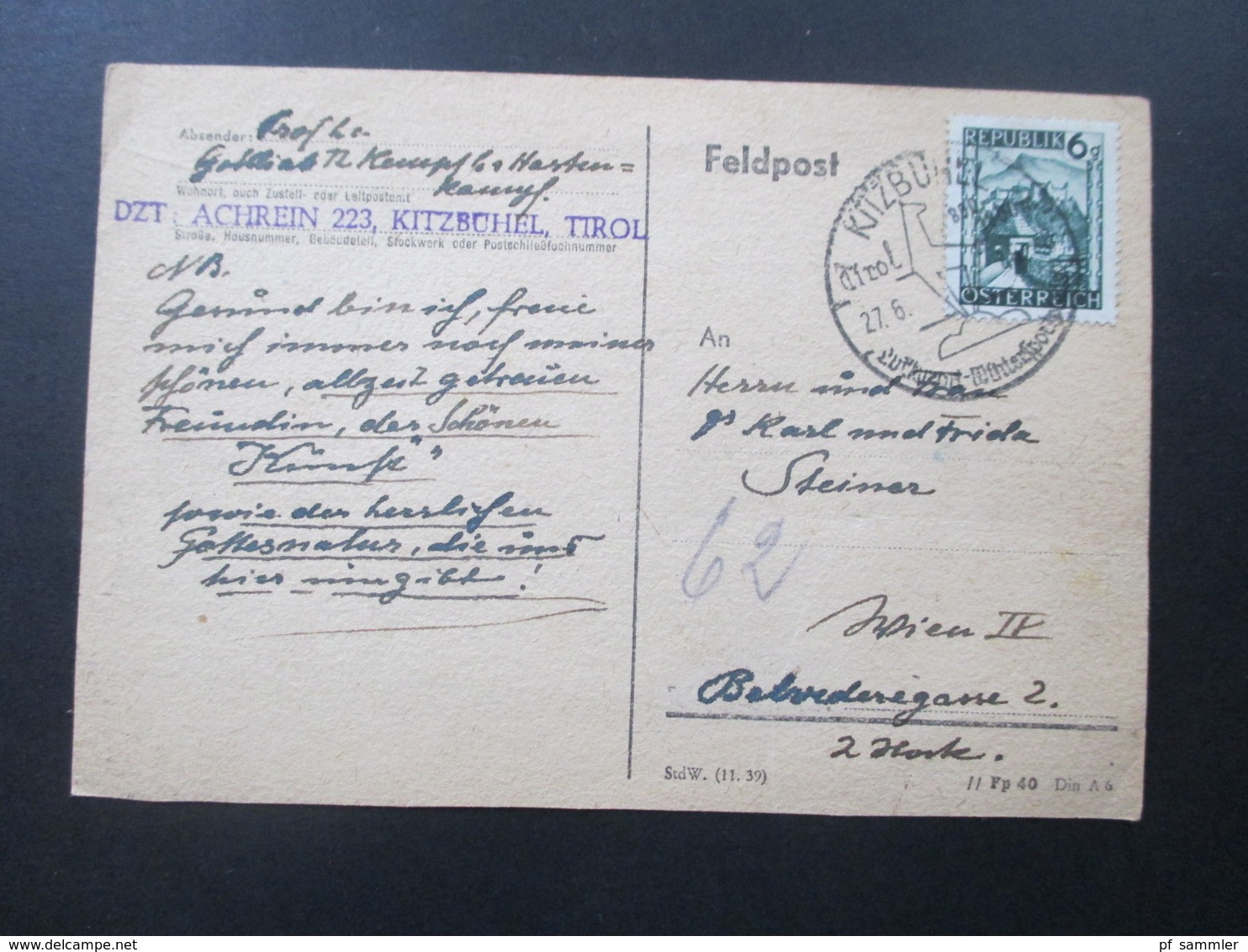 Österreich 1946 Feldpostkarte / Aufbrauch. Sonderstempel Kitzbühel Luftkurort - Brieven En Documenten