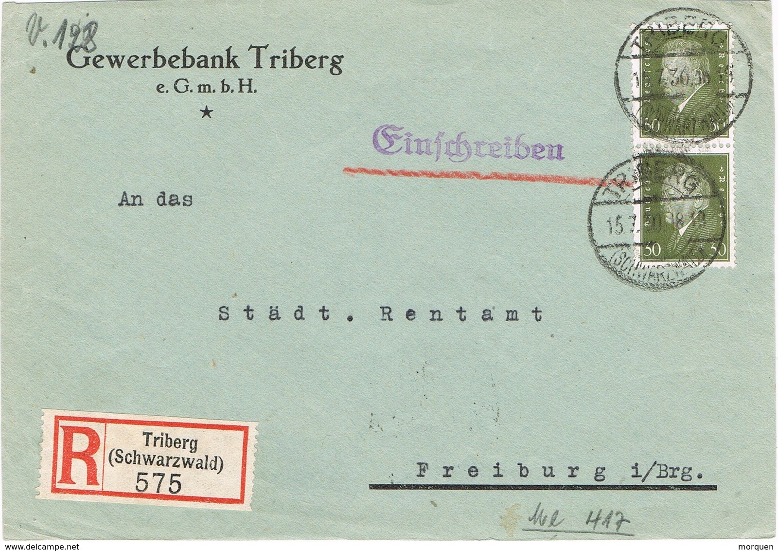 28961. Frontal Certificado TRIBERG (Alemania Reich) 1918 - Cartas & Documentos