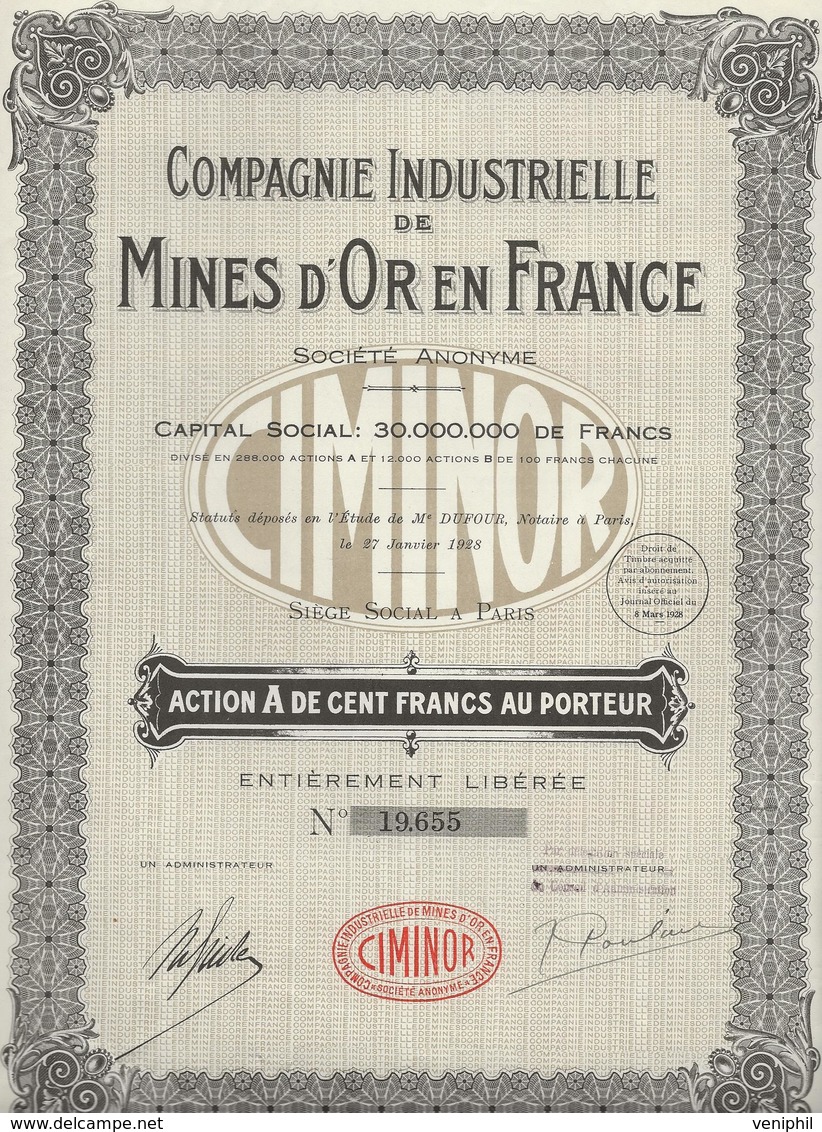 ACTION A DE 100 FRS -COMPAGNIE INDUSTRIELLE DE  MINES D'OR EN FRANCE-1928 - Bergbau