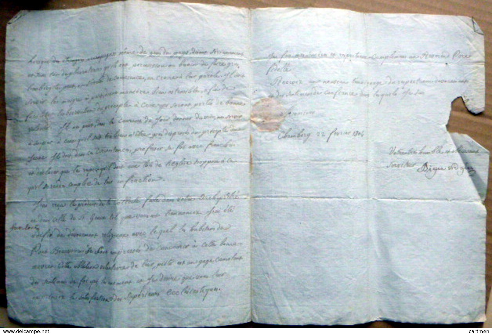 73 CHAMBERY INTERDICTION DE FAIRE GRAS LETTRE DU VICAIRE GENERAL AU CURE BLAIN DE PONT DE BEAUVOISIN 1804 - Manuscrits