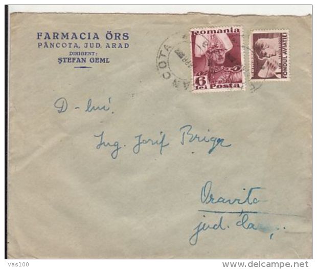 KING CHARLES II, AVIATION STAMPS, ORS PHARMACY AND LABORATORY HEADER COVER AND LETTER, 1939, ROMANIA - Lettres & Documents