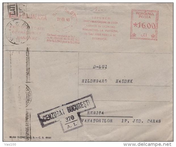 AMOUNT 16, BUCHAREST, BANK ADVERTISING, CENSORED BUCHAREST 370/A.1., WW2, RED MACHINE STAMPS ON COVER, 1943, ROMANIA - Cartas & Documentos