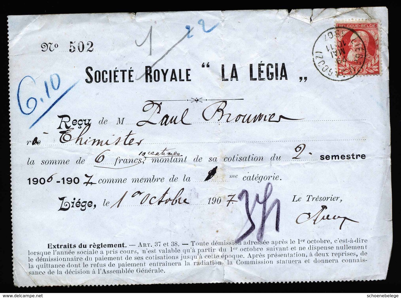 A5526) Belgien Belgium Dokument Mit Marke Liege 29.5.1907 - 1905 Grosse Barbe