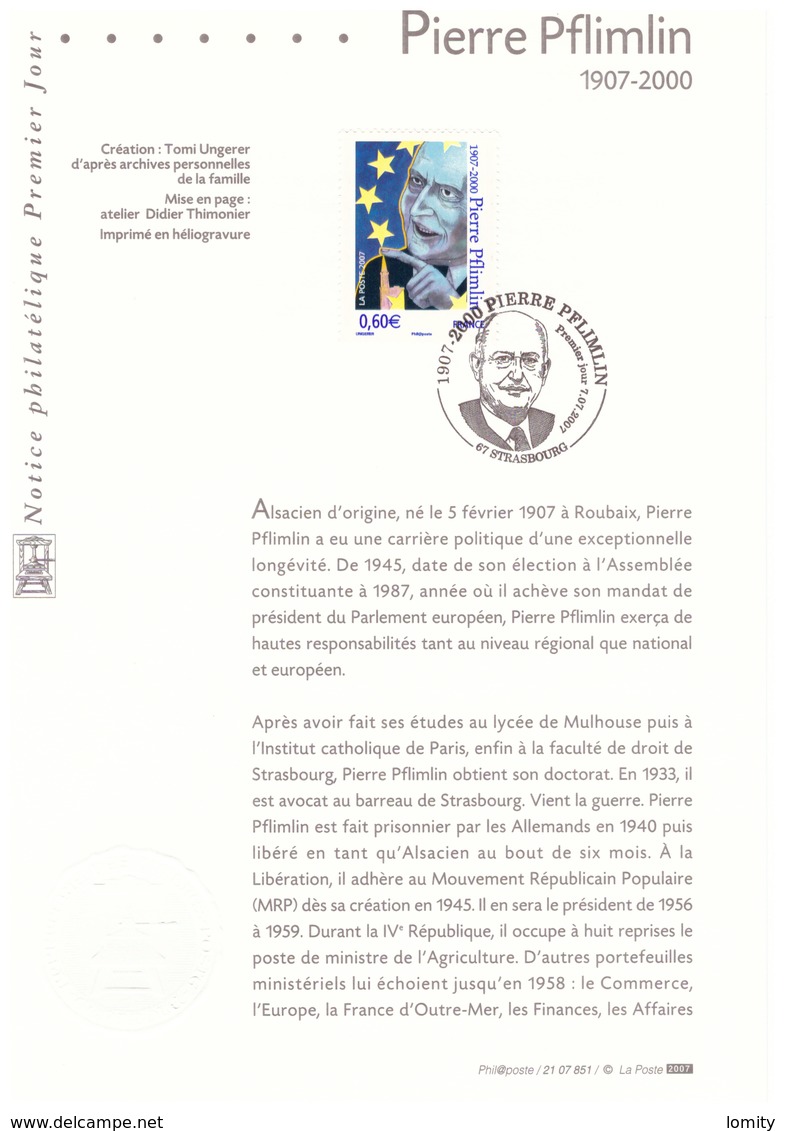 France 2007 Notice Philatélique Premier Jour Pierre Pflimlin Homme Politique Politicien Président Parlement Européen - Covers & Documents