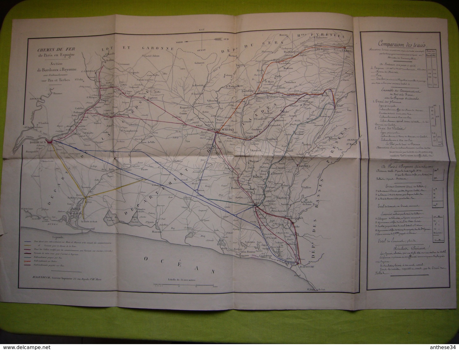 Carte De Chemin De Fer 19ème Paris Espagne Section De Bordeaux à Bayonne 50 X 75 Cm - Europe