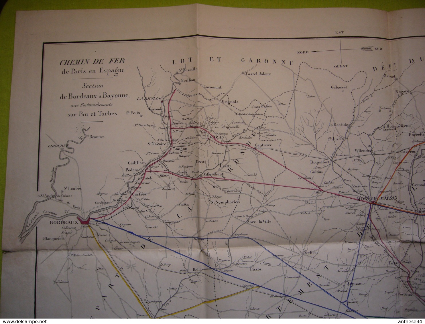 Carte De Chemin De Fer 19ème Paris Espagne Section De Bordeaux à Bayonne 50 X 75 Cm - Europe