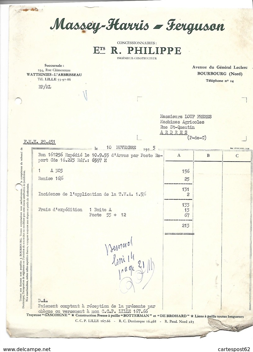 Facture Masey-Harris - Ferguson Ets R. Philippe. Bourbourg. - Agriculture