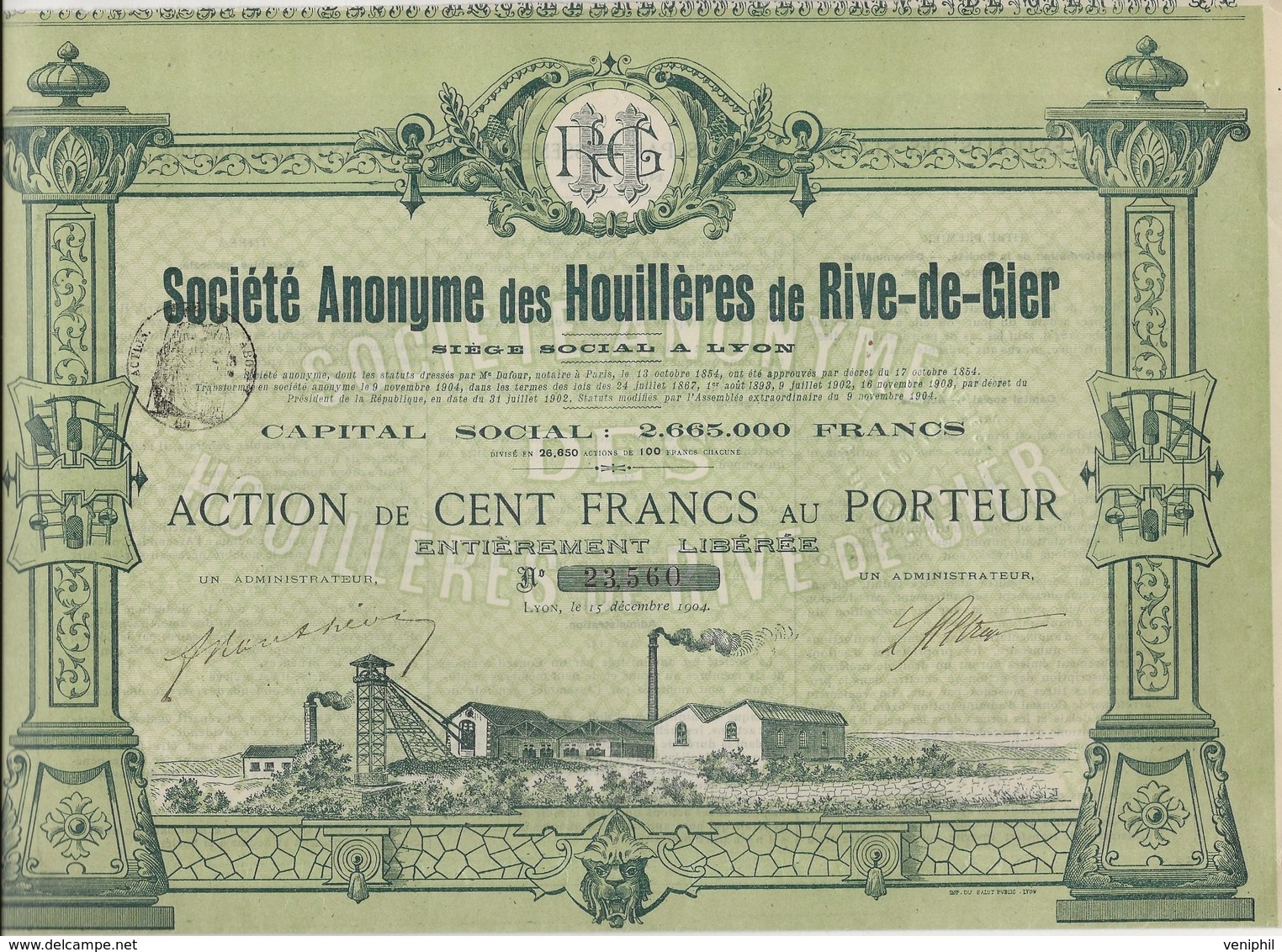 ACTION DE 100 FRS - SOCIETE DES HOUILLERES DE RIVE- DE - GIER - 1904 - Mines