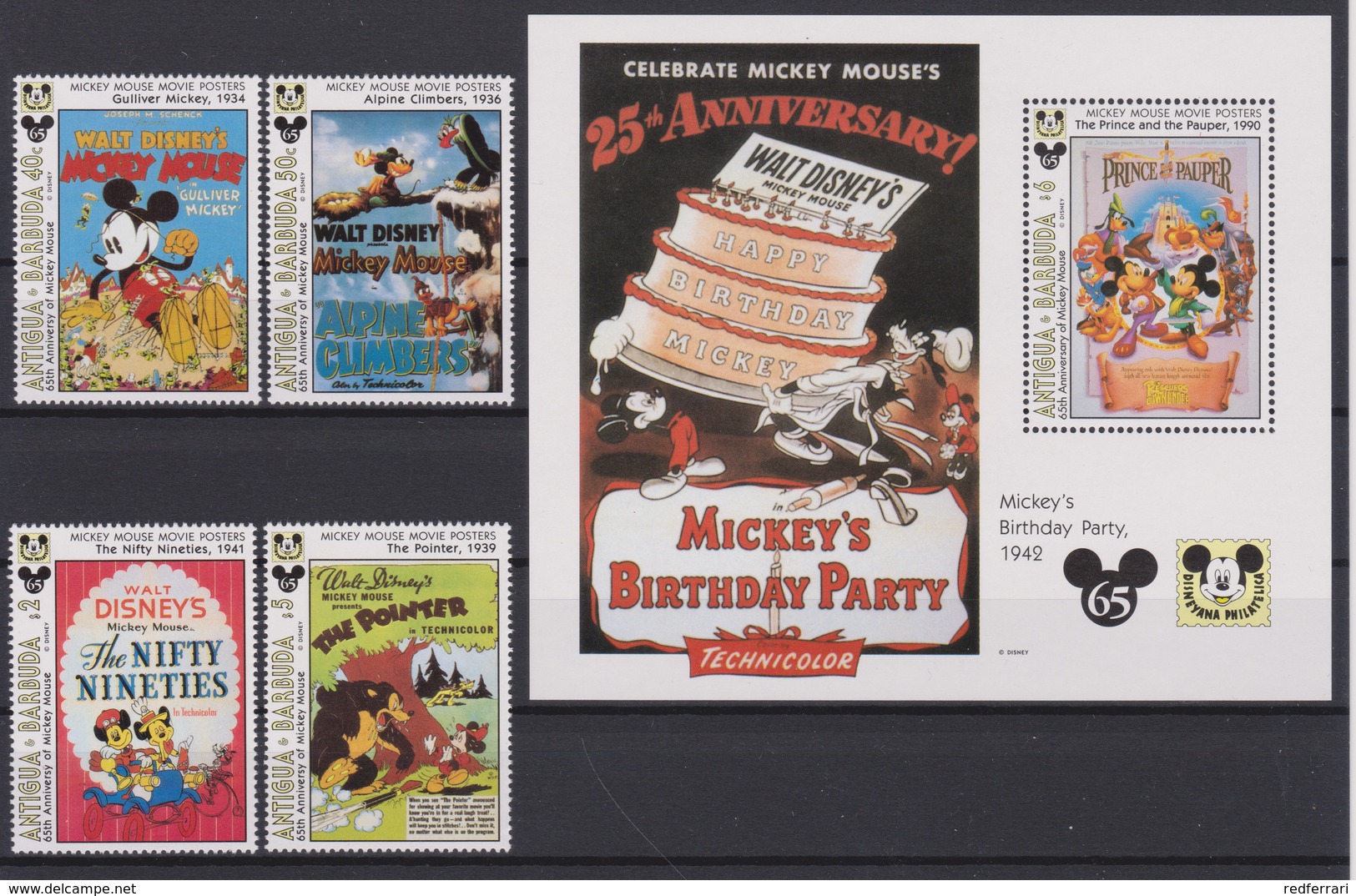 2105 Walt Disney Antigua & Barbuda ( MICKEY MOUSE MOVIE POSTERS ) 65 Th ANNIVERSY OF MICKEY MOUSE . - Disney