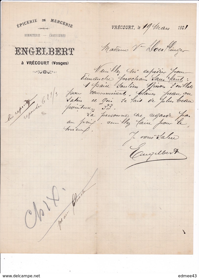 Lettre Commerciale épicerie, Mercerie, Chaussures Engelbert, Vrécourt (Vosges), 1901 - 1900 – 1949