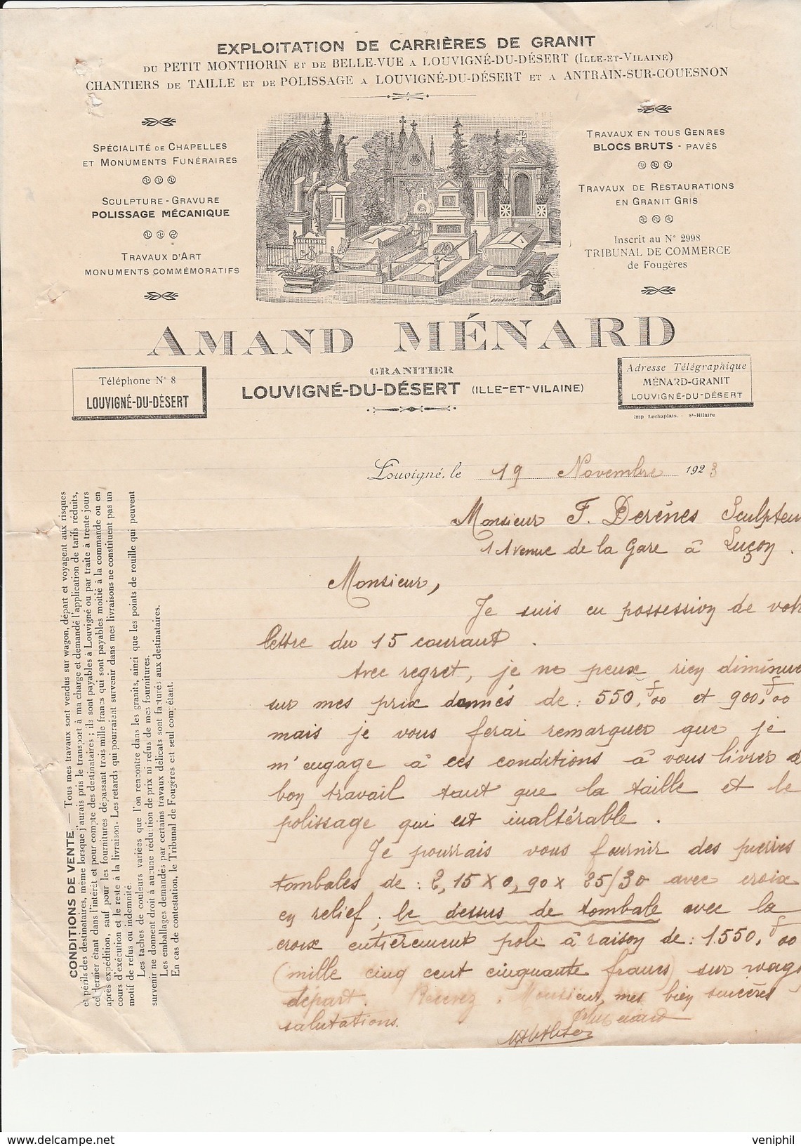 FACTURE - AMAND MENARD  GRANITIER - LOUVIGNE DU DESERT - ILLE ET VILAINE - ANNEE 1924 - Straßenhandel Und Kleingewerbe