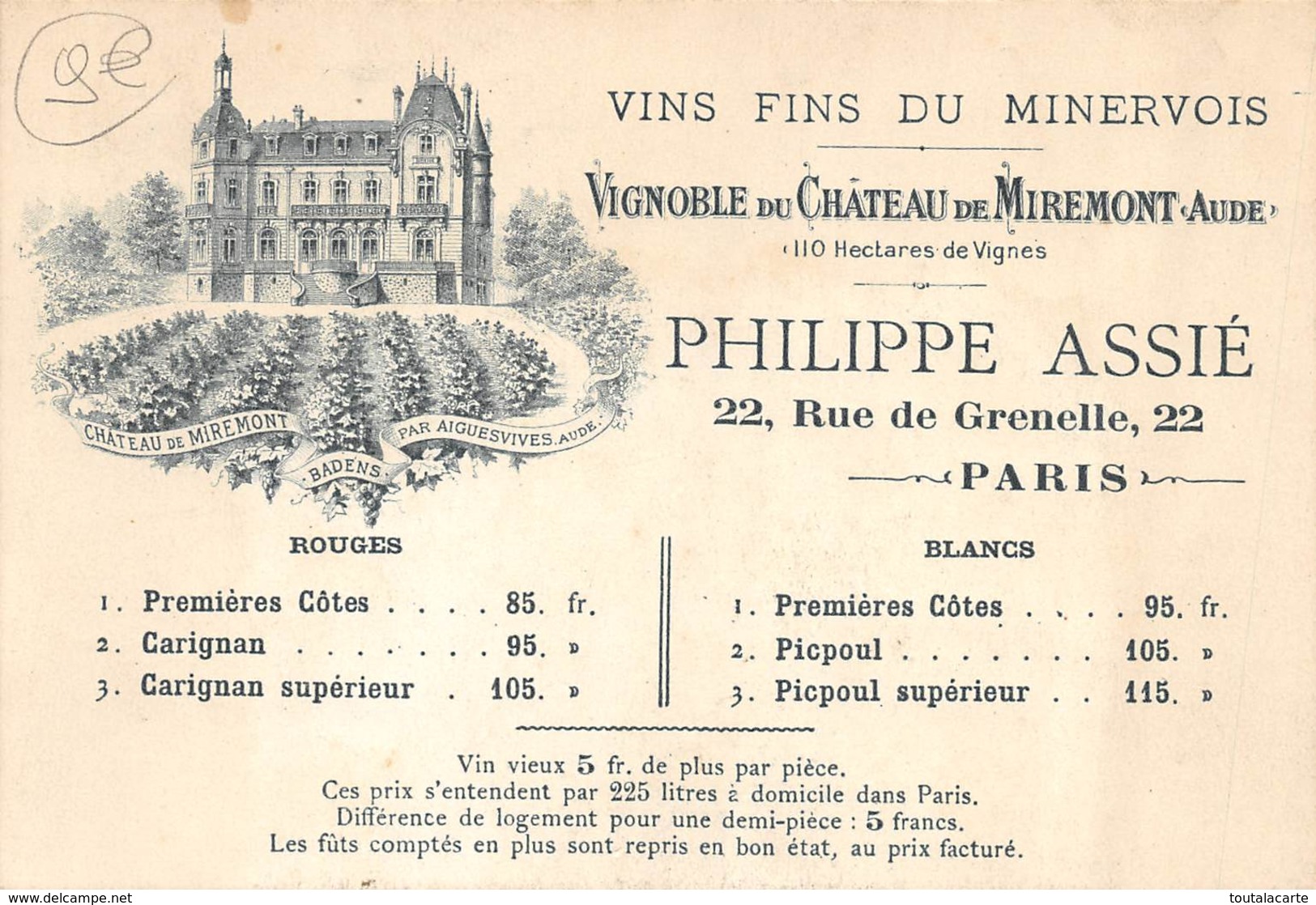 CARTE PUBLICITAIRE VIGNOBLE DU CHATEAU DE MIREMONT AUDE VINS FINS DU MINERVOIS - Advertising