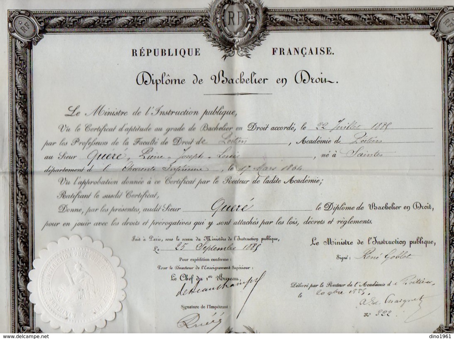 VP12.262 - PARIS X POITIERS 1885 - Diplôme De Bachelier En Droit - Mr QUERE Né à SAINTES - Scores & Partitions