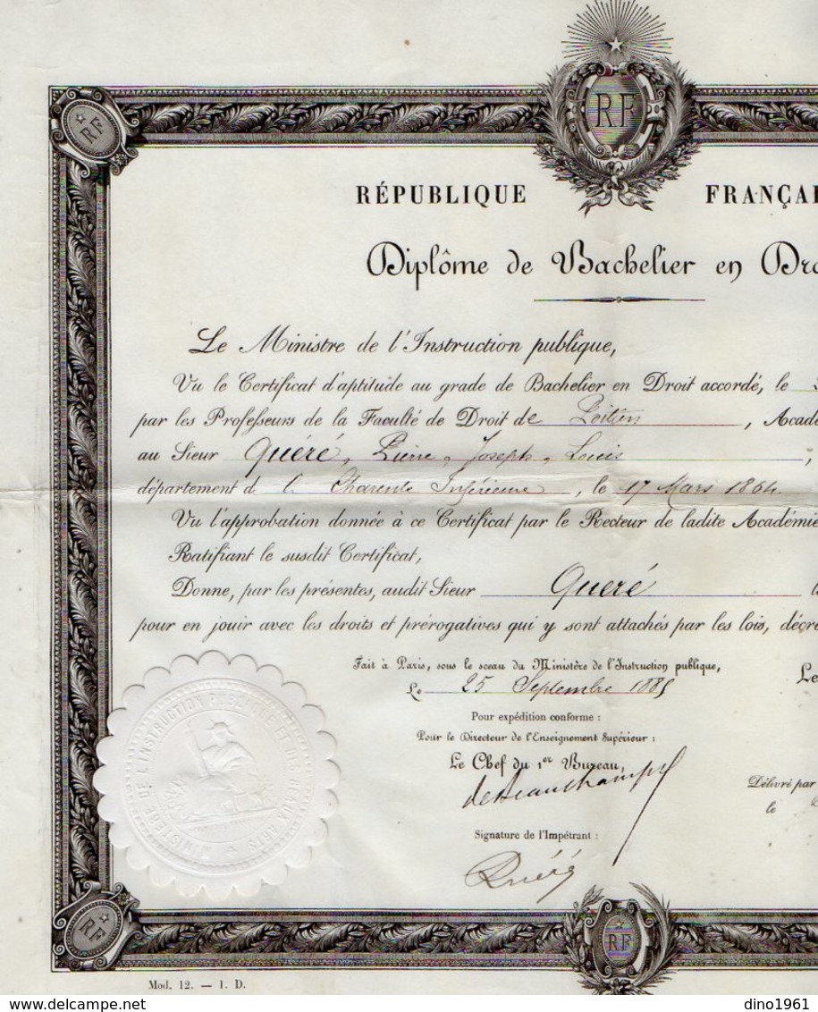 VP12.262 - PARIS X POITIERS 1885 - Diplôme De Bachelier En Droit - Mr QUERE Né à SAINTES - Spartiti