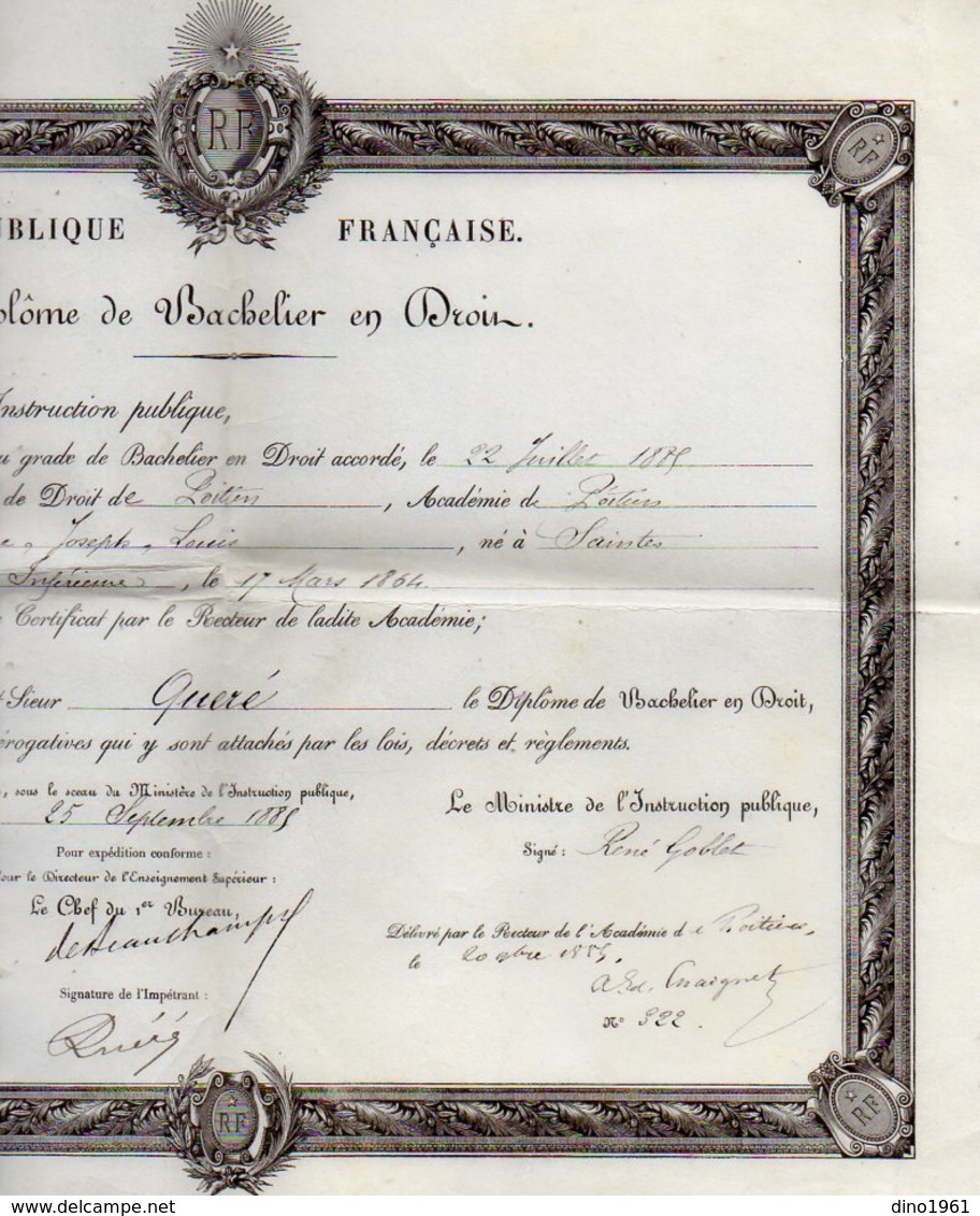 VP12.262 - PARIS X POITIERS 1885 - Diplôme De Bachelier En Droit - Mr QUERE Né à SAINTES - Scores & Partitions