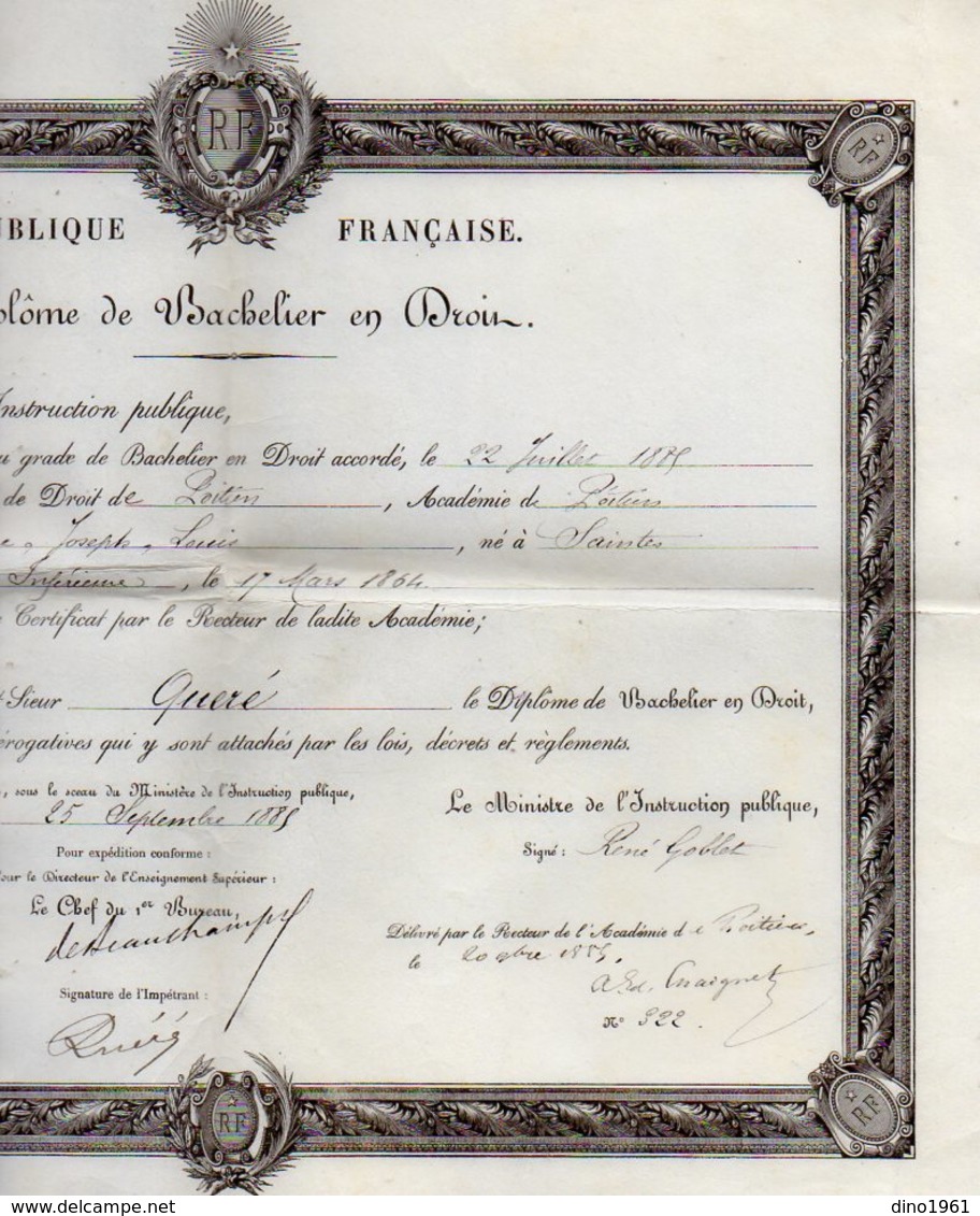 VP12.262 - PARIS X POITIERS 1885 - Diplôme De Bachelier En Droit - Mr QUERE Né à SAINTES - Spartiti
