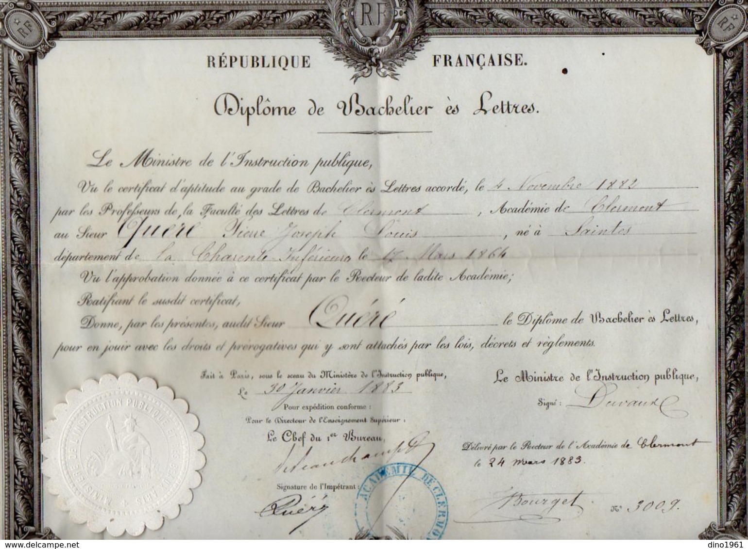 VP12.263 - PARIS X CLERMONT 1883 - Diplôme De Bachelier ès Lettres  - Mr QUERE Né à SAINTES - Partituren