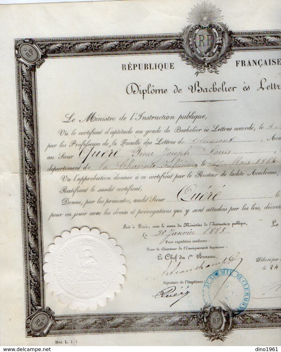 VP12.263 - PARIS X CLERMONT 1883 - Diplôme De Bachelier ès Lettres  - Mr QUERE Né à SAINTES - Scores & Partitions