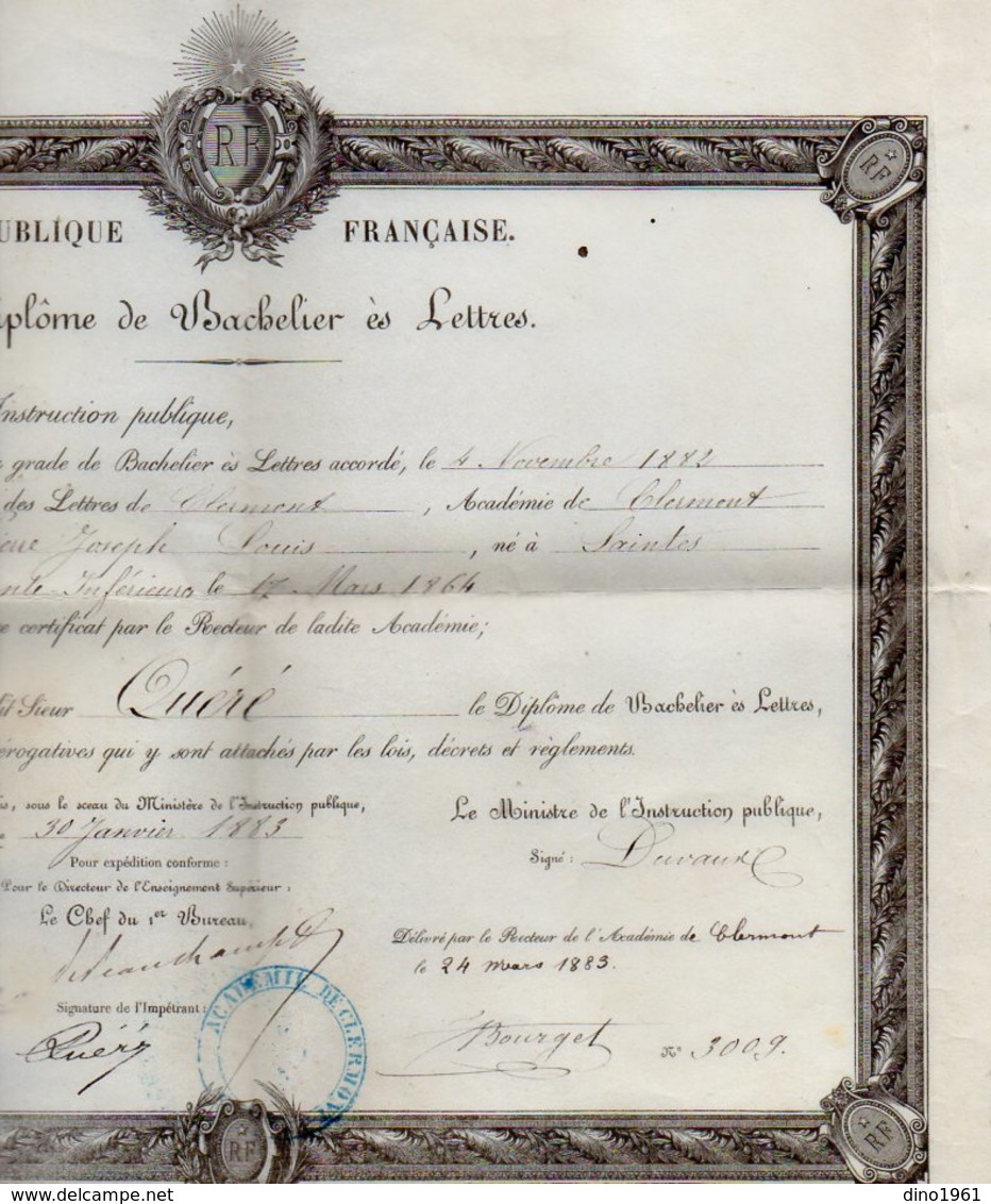 VP12.263 - PARIS X CLERMONT 1883 - Diplôme De Bachelier ès Lettres  - Mr QUERE Né à SAINTES - Scores & Partitions