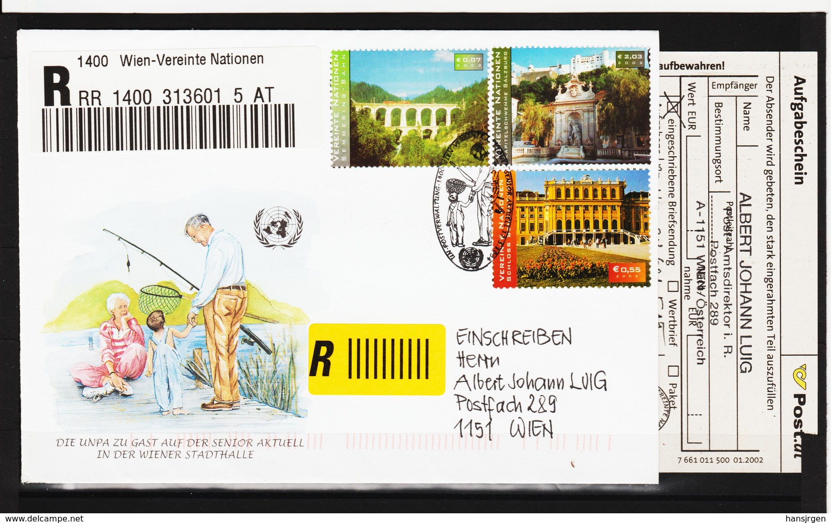 KTM134 UNO WIEN 2003p RECO-BRIEF MICHL 351+346+410 Mit AUFGABESCHEIN Siehe ABBILBUNG - Storia Postale