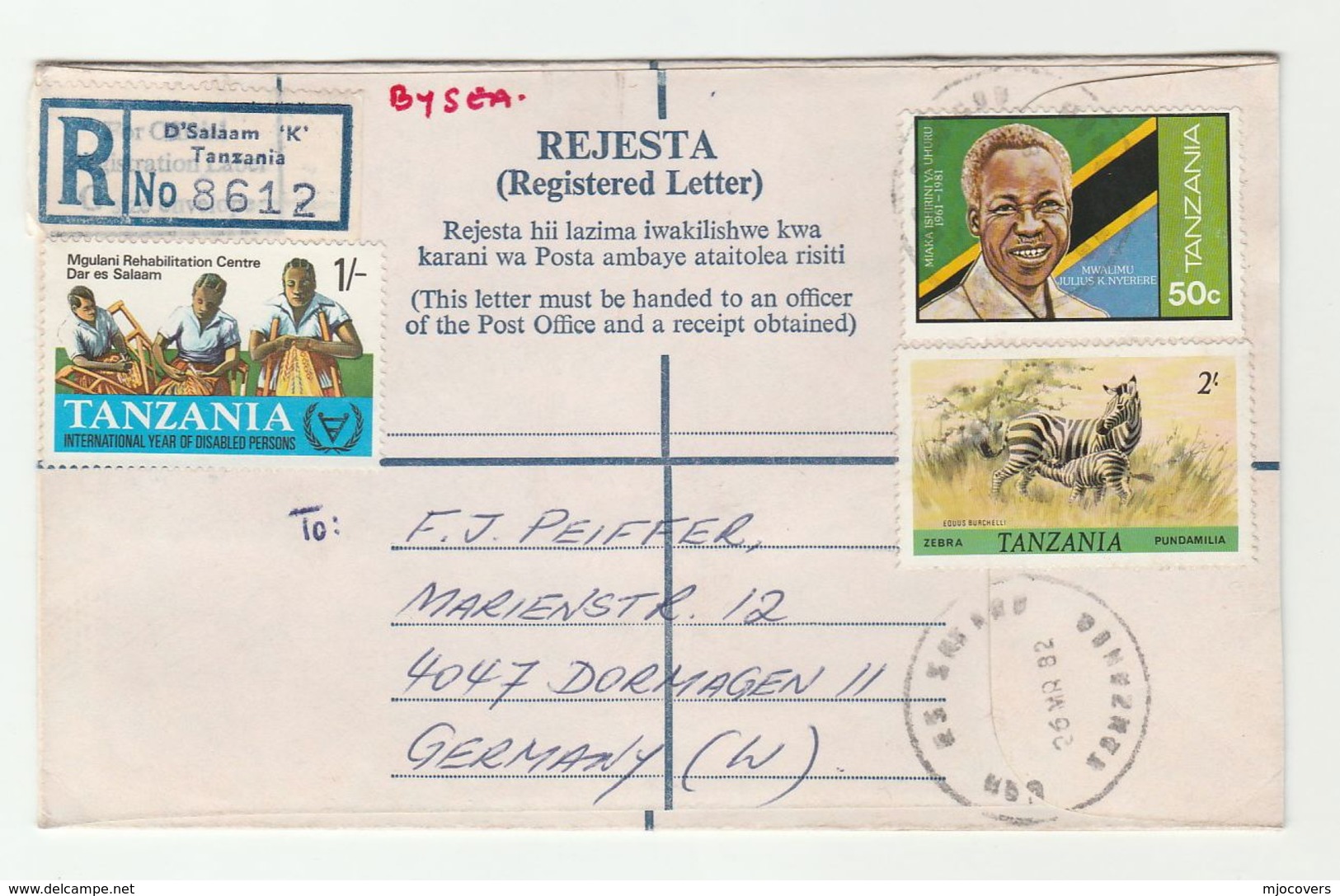 1982 TANZANIA REGISTERED Postal STATIONERY COVER Disabled Rehabilitation Health UN  Zebra  Stamps  To Germany - Tanzania (1964-...)