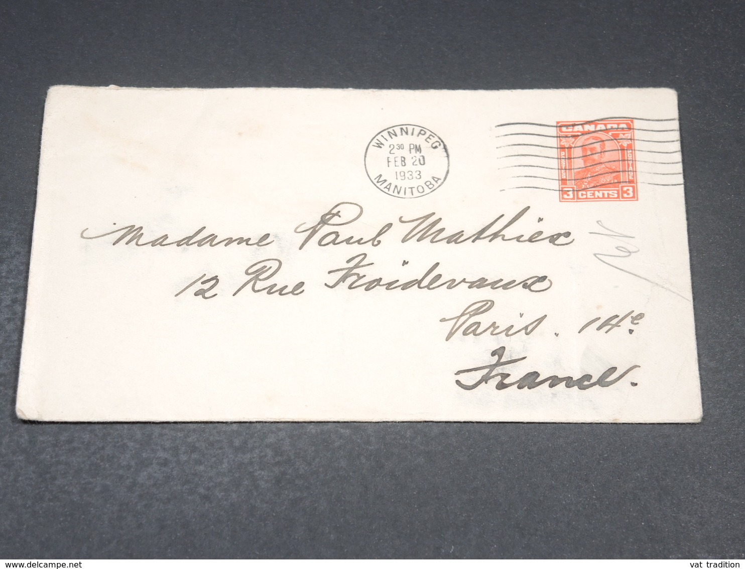 CANADA - Entier Postal De Winnipeg Pour La France En 1933 - L 19312 - 1903-1954 De Koningen