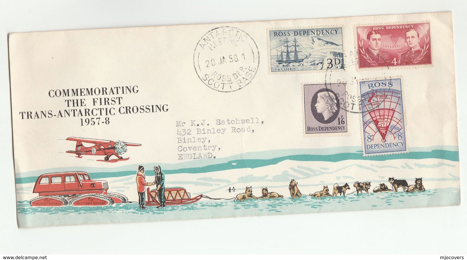 1958 ROSS DEPENDENCY First TRANS-ANTARCTIC CROSSING COVER Pmk 'ANTARCTIC MEETING SCOTT BASE' Ship Map Stamps Dog Polar - FDC