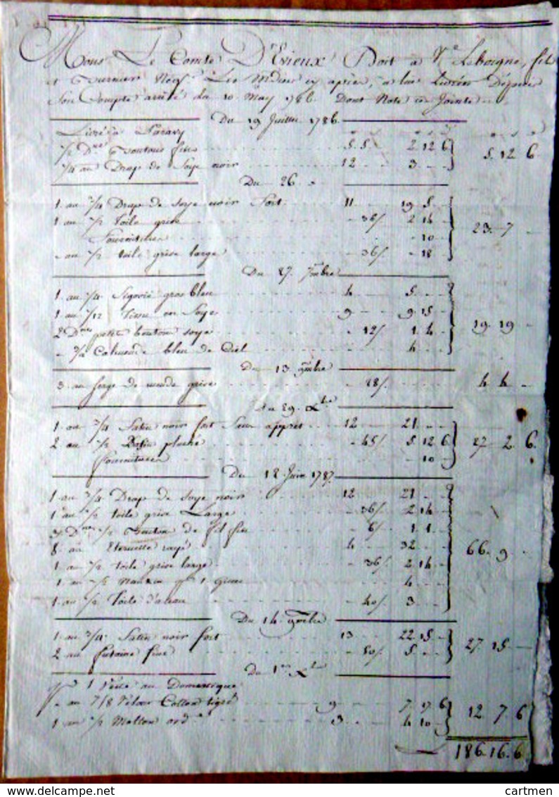 73 CHAMBERY COMTE  DE BOIGNE LE BORGNE FACTURE  18° ADRESSEE A M LE COMTE DE LA PEROUSE  1787 MODE - ... - 1799