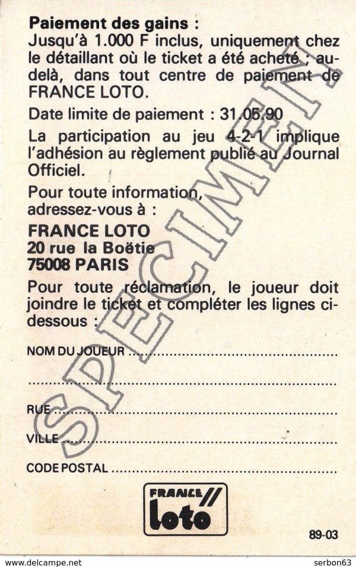 1 TICKET 421 FRANCE LOTO FDJ PETIT SPÉCIMEN NEUF DE DÉMONSTRATION POUR VITRINE NON GRATTE 7,7X12cm - NOTRE SITE Serbon - Billets De Loterie