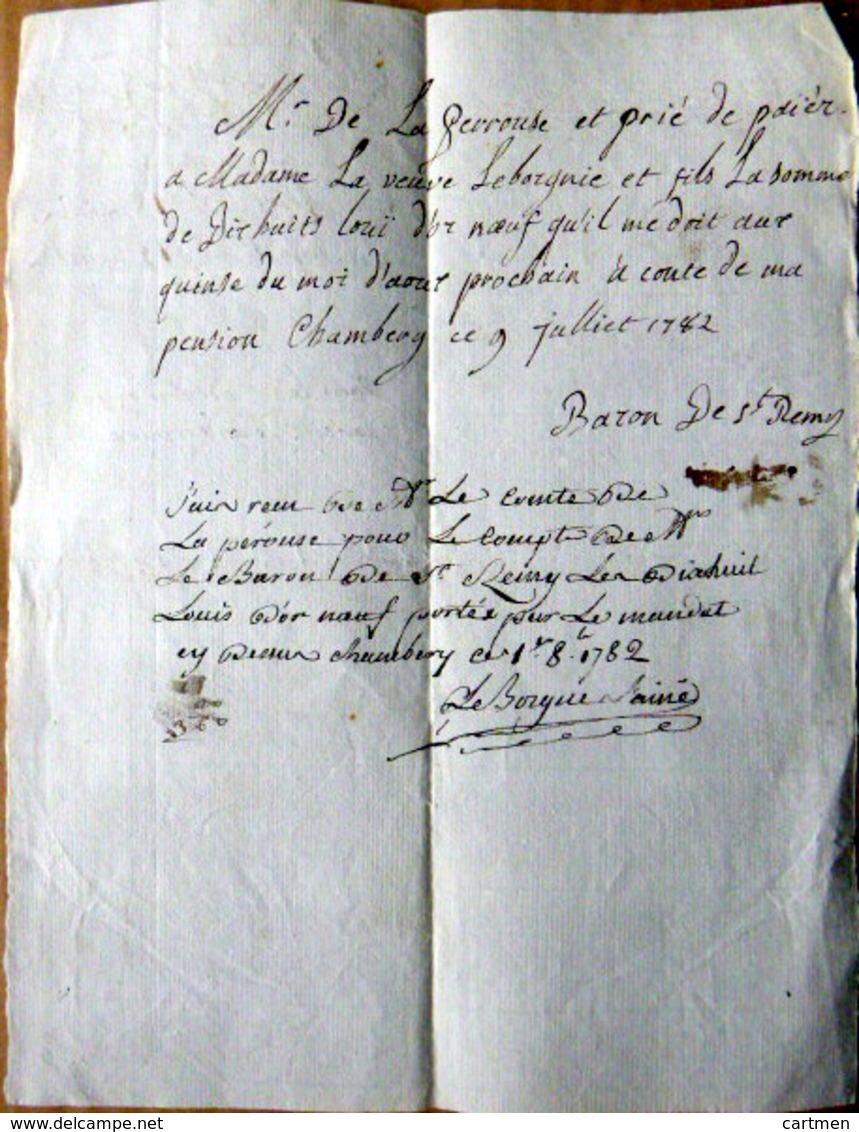 73 CHAMBERY COMTE DE BOIGNE LE BORGNE NOTE DE COMPTE  ADRESSEE A M LE COMTE DE LA PEROUSE  1782 MODE - ... - 1799