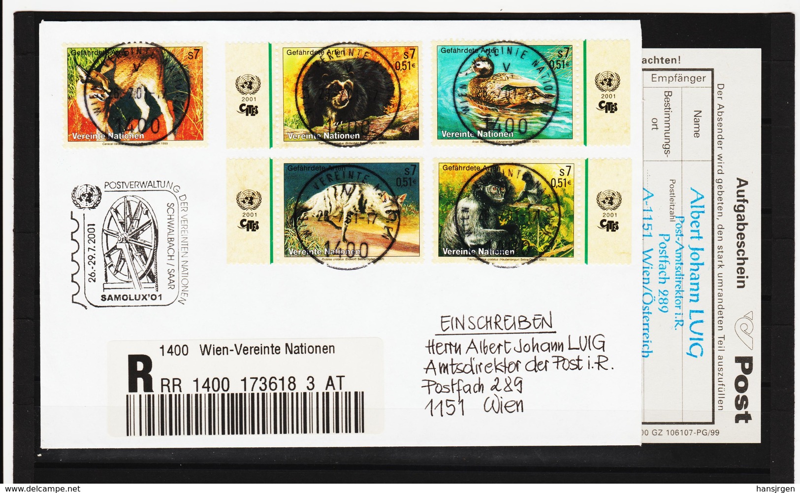 KTM151 UNO WIEN 2001 RECO-BRIEF MICHL 327/30 Mit AUFGABESCHEIN Siehe ABBILBUNG - Storia Postale