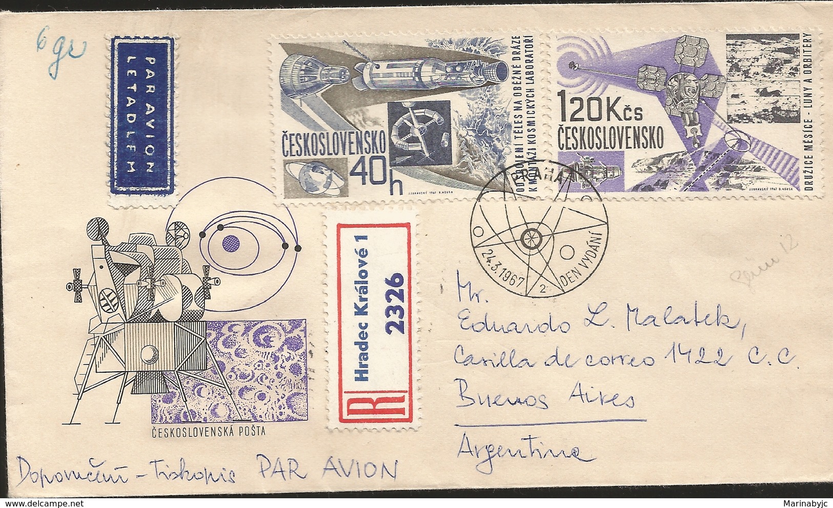 M) 1967, CZECHOSLOVAKIA, AIR MAIL,REGISTERED MAIL, SPACE SATELLITE IN THE ORBIT OF THE MOON, SPACIAL STATION, CIRCULATED - Other & Unclassified