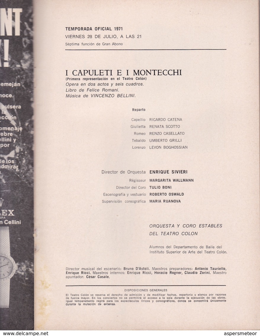 I CAPULETI E I MONTECCHINO, VICENZO BELLINI. TEATRO COLON 1971 PROGRAMA COMPLETO-BLEUP - Programs