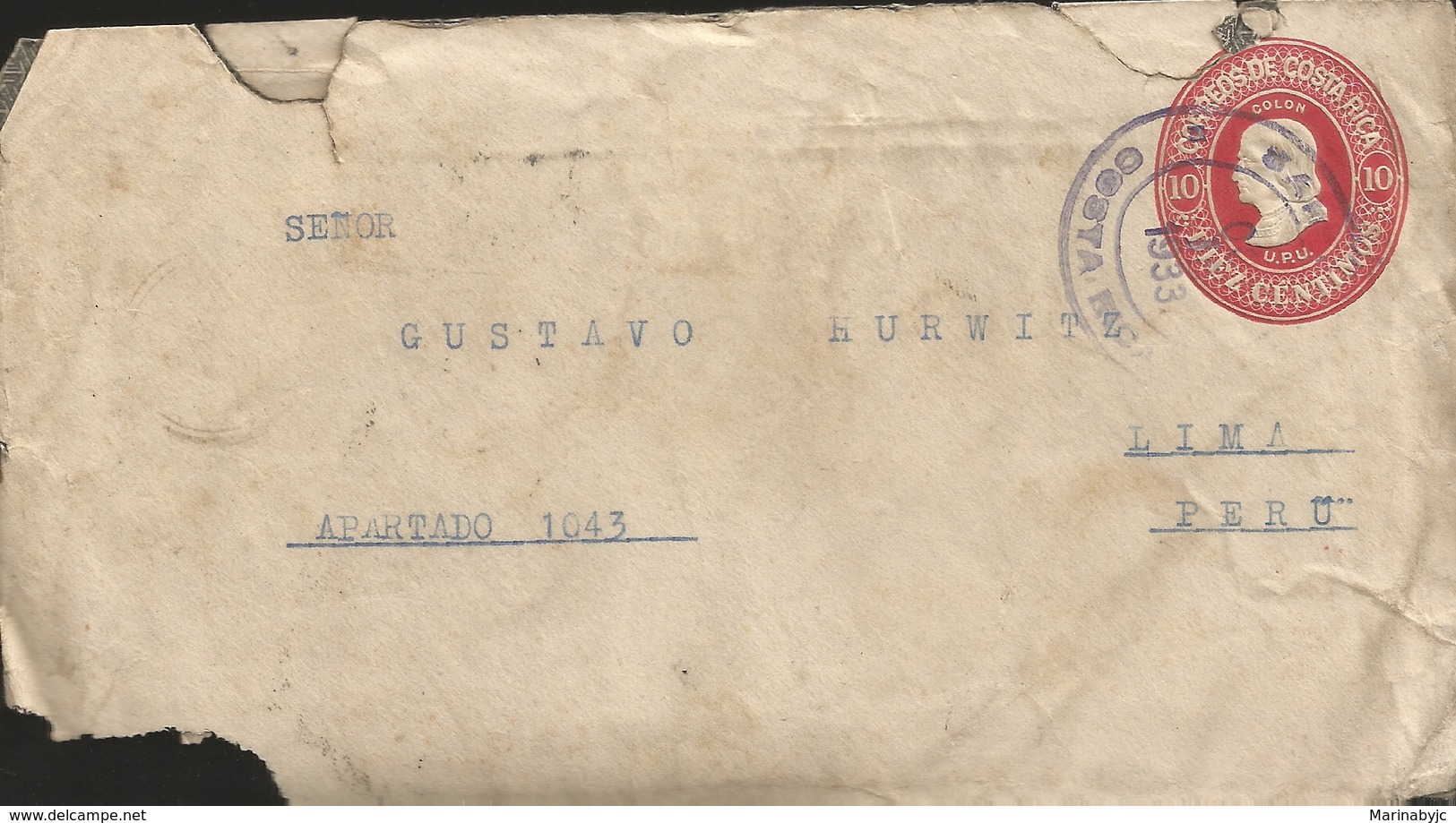 M) 1933, COSTA RICA, POSTAL STATIONARY IN RED INK, COLON, (10CENTIMOS), CIRCULATED COVER FROM COSTA RICA TO LIMA PERU. - Costa Rica