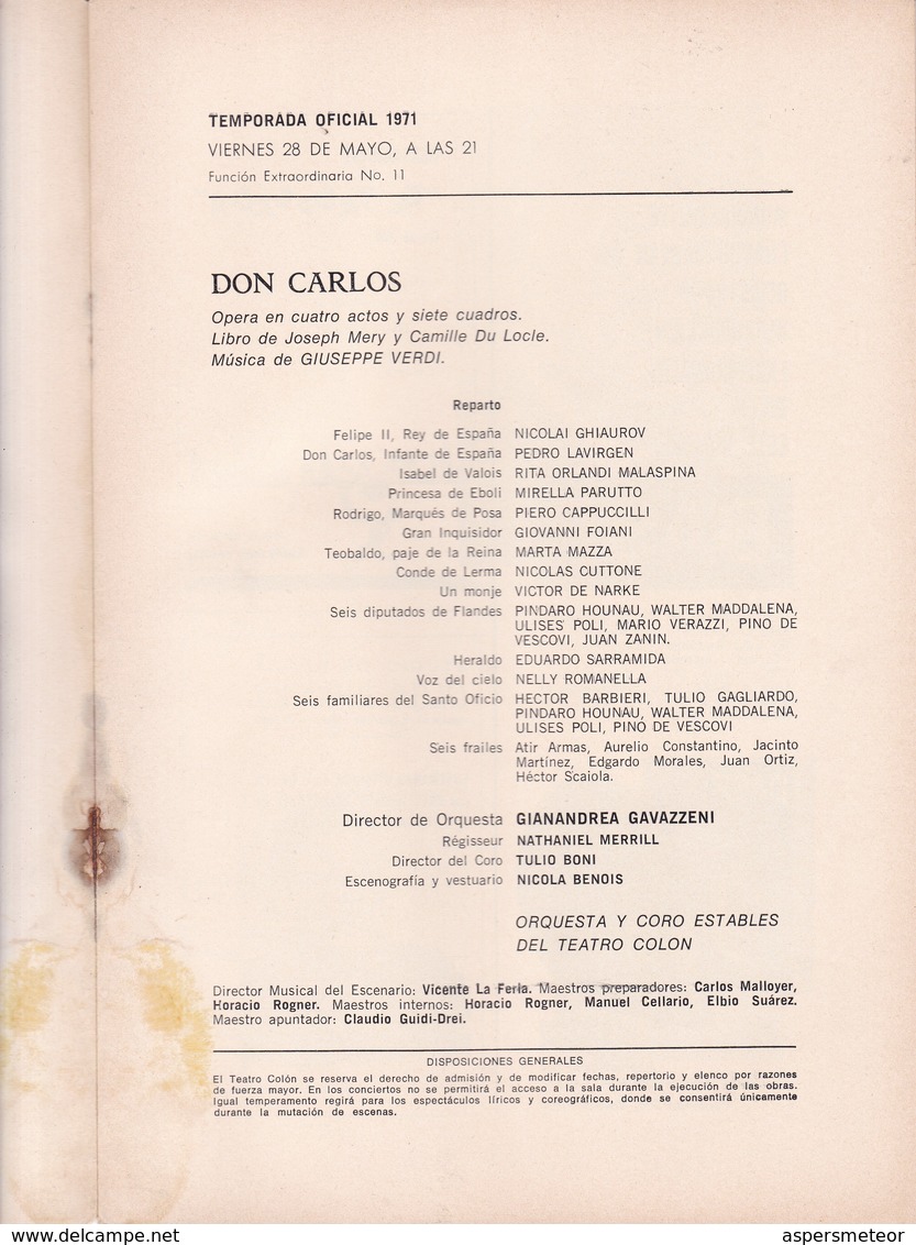 TEMPORADA OFICIAL. GIUSEPPE VERDI, DON CARLOS. TEATRO COLON 1971 PROGRAMA COMPLETO-BLEUP - Programmes