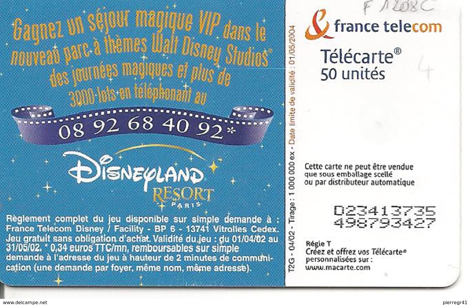 CARTE°-PUBLIC-50U-F1208 C-OB2-04/02-WALT DISNEY STUDIO-MINNIE-UTILISE-TBE-RARE - 2002