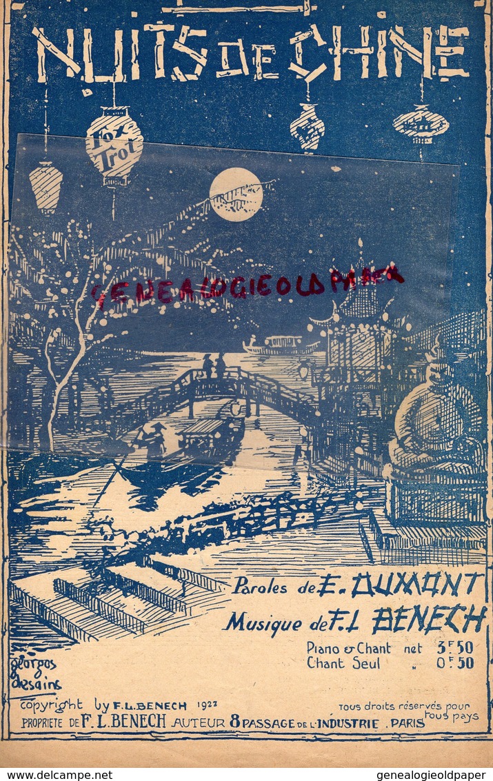 PARTITION MUSIQUE-NUITS DE CHINE- FOX TROT- E. DUMONT- LOUIS  BENECH-PARIS - 1922 - Noten & Partituren