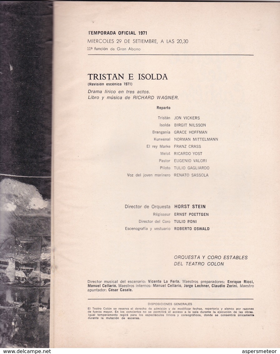 TRISTAN E ISOLA, RICHARD WAGNER. TEATRO COLON 1971 PROGRAMA COMPLETO-BLEUP - Programmes