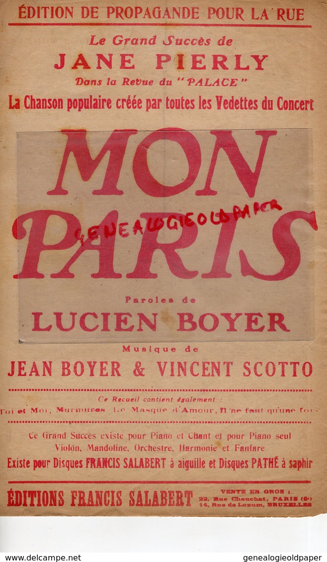 PARTITION MUSICALE- MON PARIS-JANE PIERLY AU PALACE - LUCIEN BOYER -VINCENT SCOTTO - SALABERT  1923 - Noten & Partituren