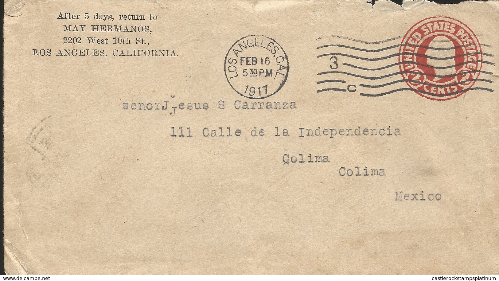 L) 1917 USA, RED, 2CENT, AIRMAIL, CIRCULATED COVER FROM LOS ANGELES TO MEXICO - Lettres & Documents