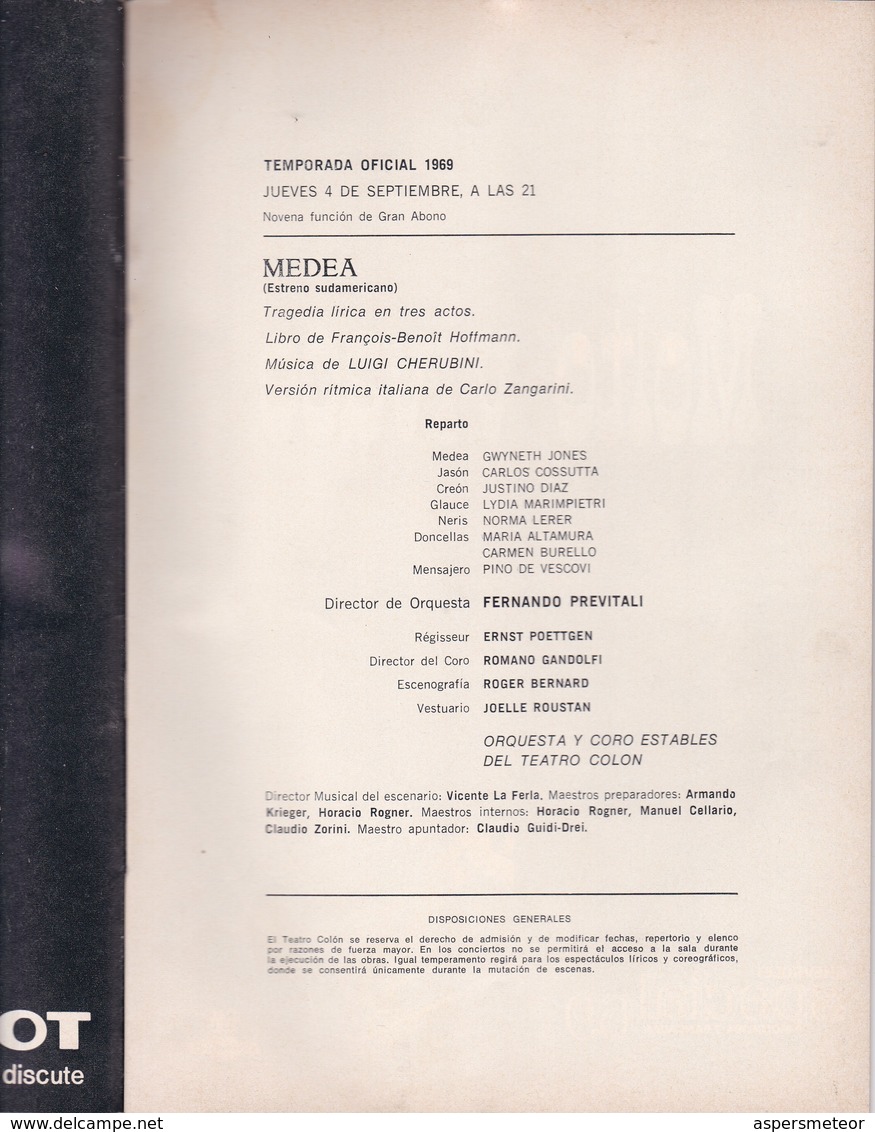 MEDEA, LUIGI CERUBINI. TEATRO COLON 1969. PROGRAMA COMPLETO-BLEUP - Programmes