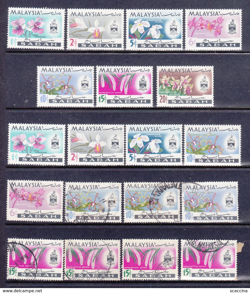 > Sabah 1965- Fiori 7 Val. MNH ** + 22 Val. Timbrati Farfalle  I 2 Tipi Di Stampa - Sabah