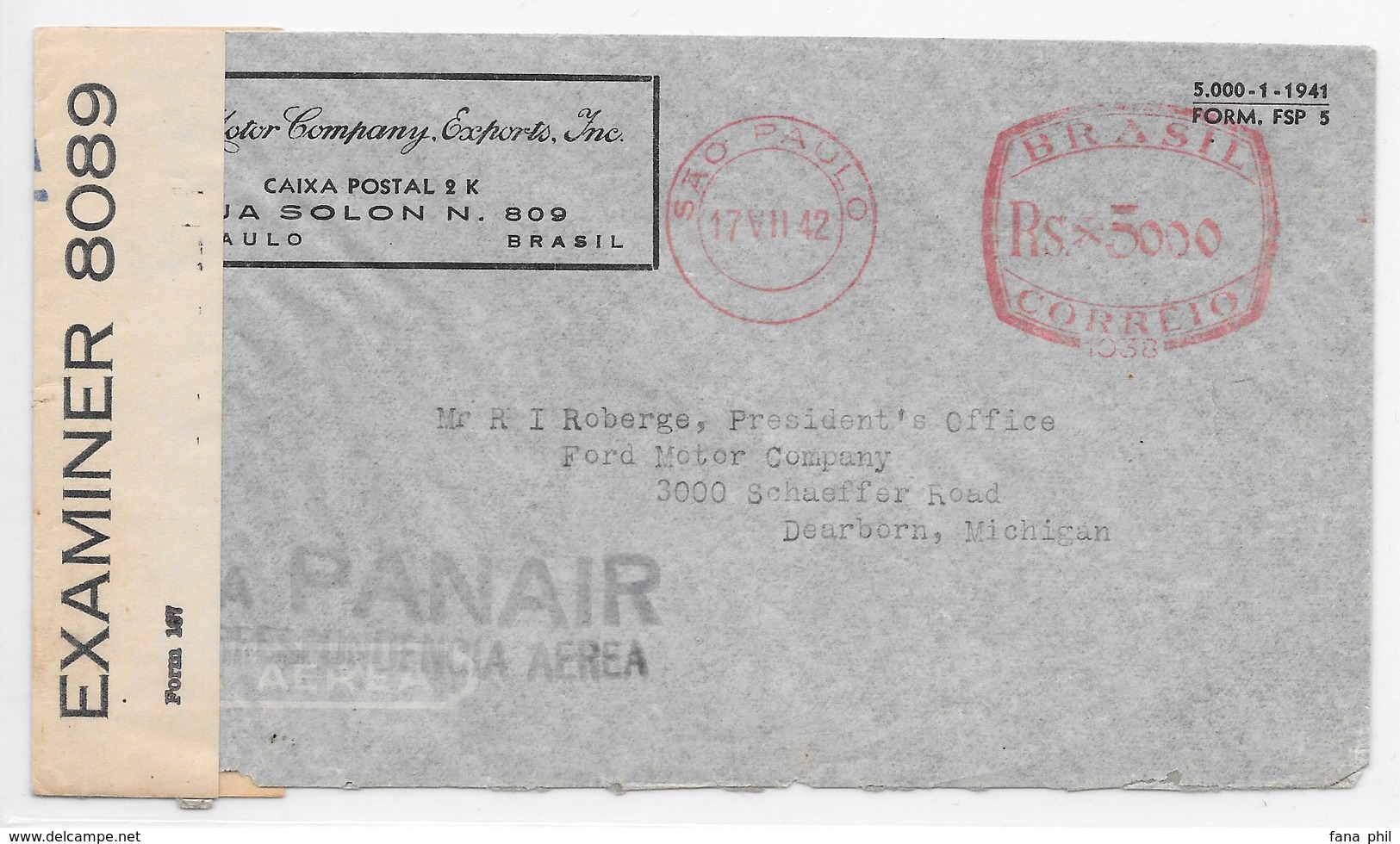 PANAM FAM-22 BRASIL BRAZIL BRESIL Sao Paulo Airmail Censored TRINIDAD Cover To US 1945 Via PANAIR Air Mail Par Avion - Airplanes