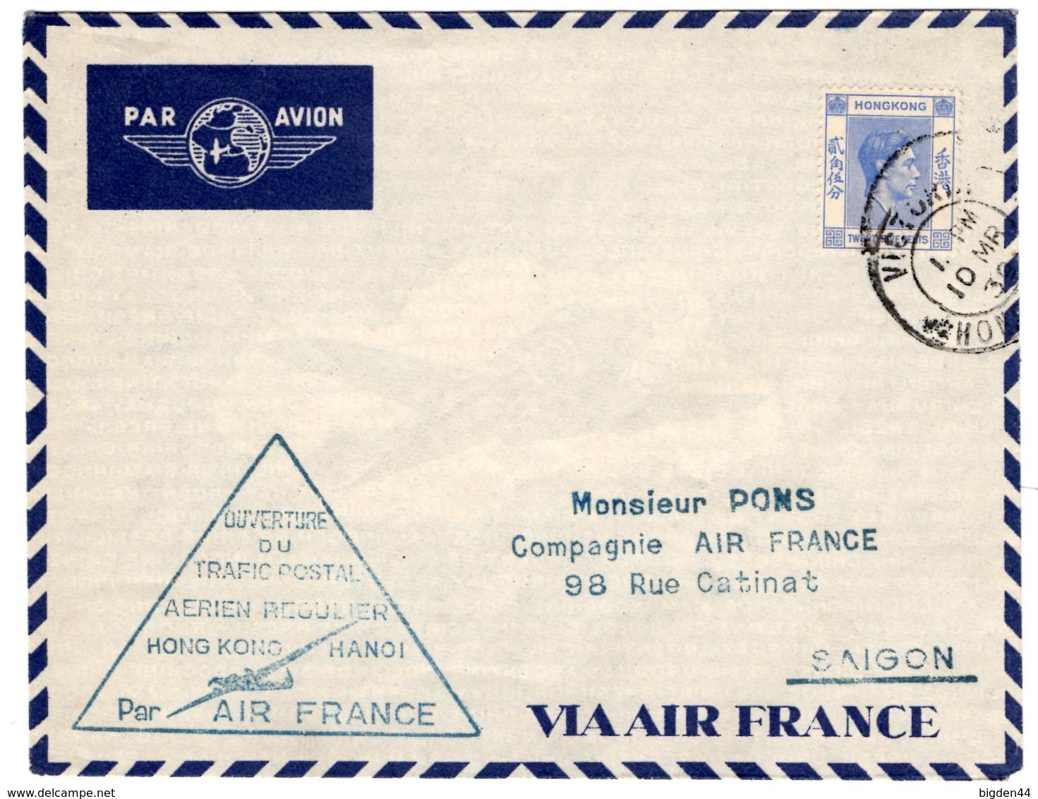 Lettre Par Avion De Victoria, Hong Kong (10.03.1939) Pour Saigon_Air France Ouverture Trafic Postal Hanoi - Lettres & Documents