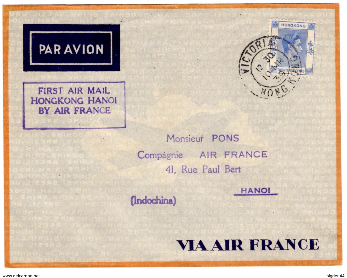 Lettre Par Avion De Victoria, Hong Kong (10.03.1939) Pour Hanoi_Air France First Air Mail - Covers & Documents