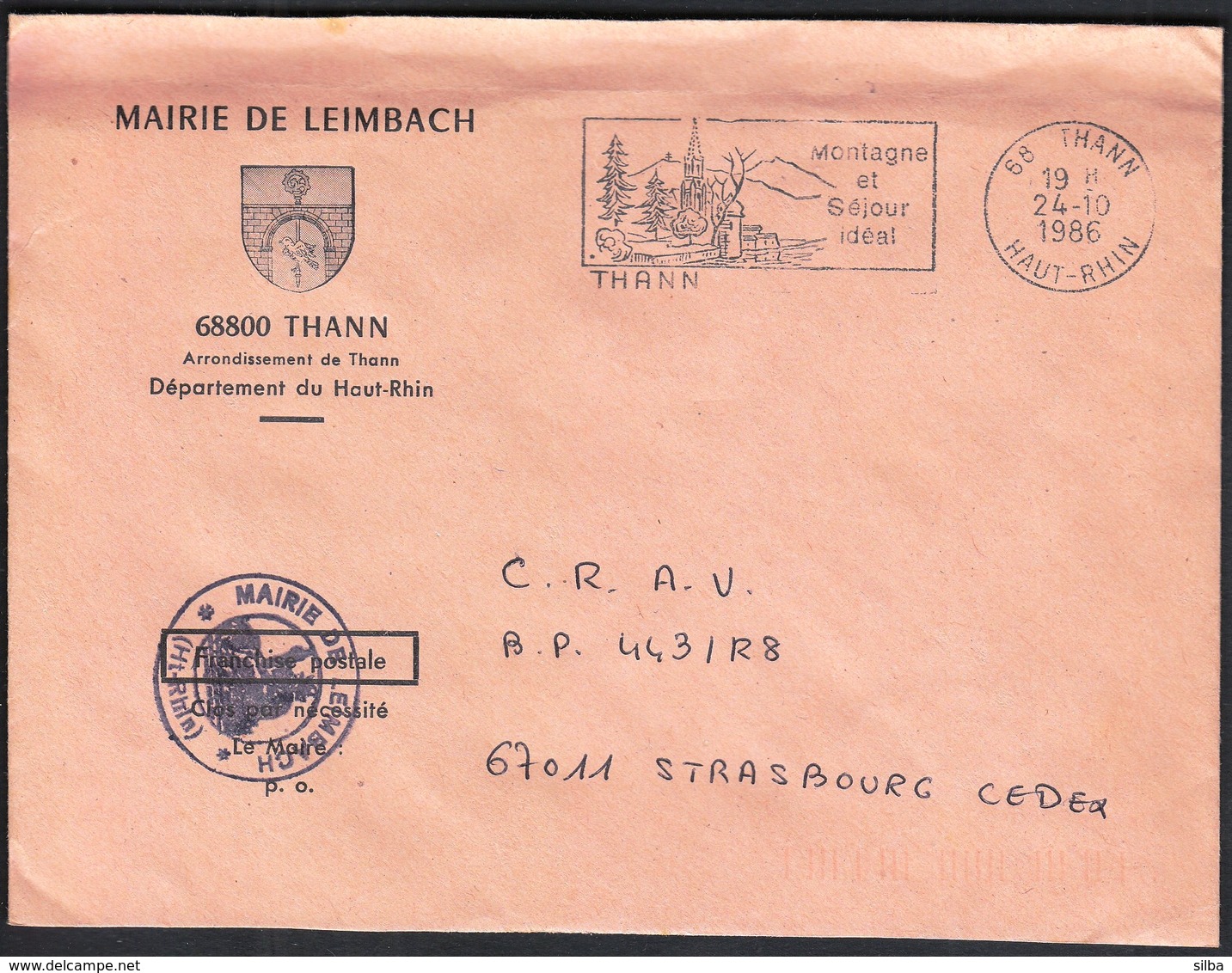 France Thann 1986 / Mairie De Leimbach / Coat Of Arms / Mountain And Perfect Stay / Church / Machine Stamp - 1961-....